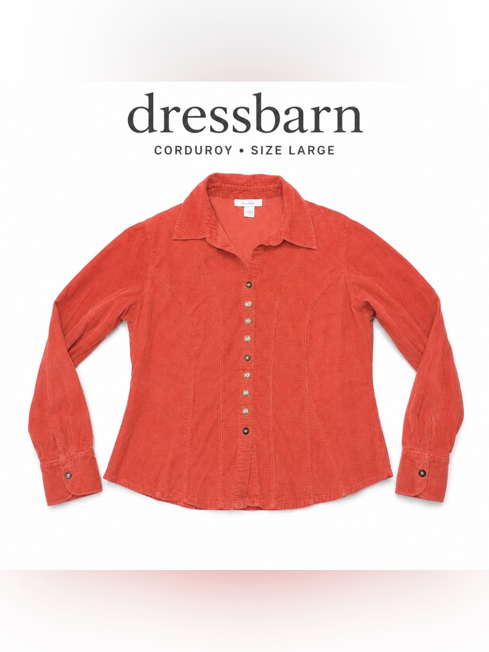 Fall Dressbarn Coral Corduroy Button Front Fitted Blouse Size Large Y2K Style